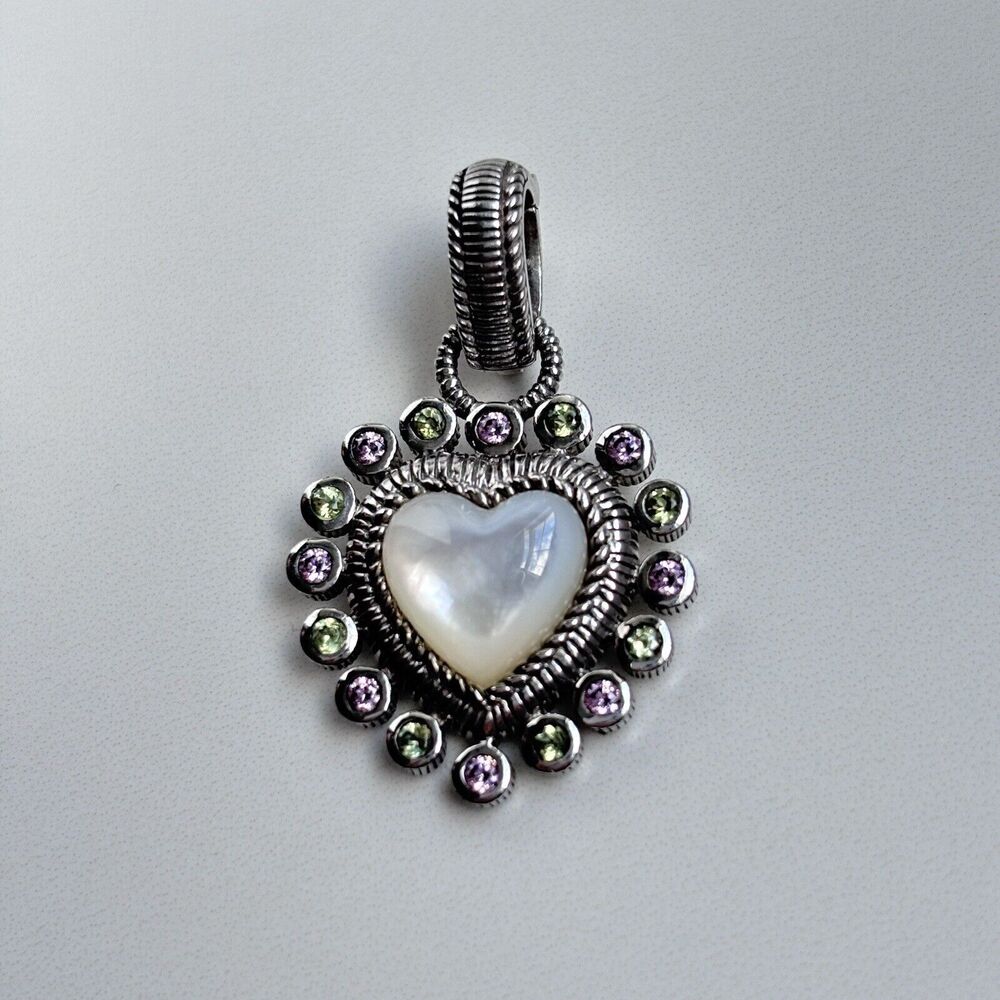JUDITH RIPKA Sterling Silver Mother of Pearl Pink & Green Peridot Heart Pendant